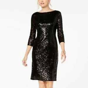 ADRIANNA PAPELL Womens Black V-back Sequin Sheath